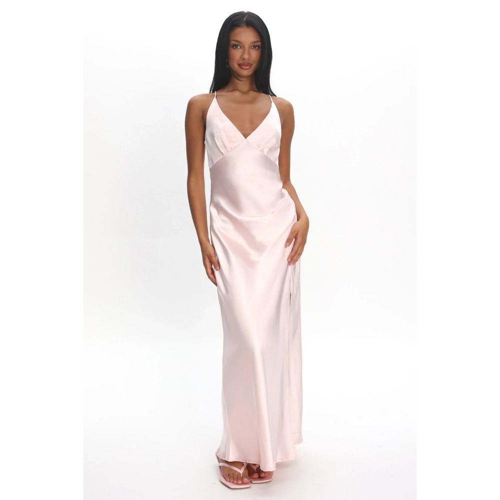 Selfie Leslie Marlie Side Pleat Maxi Dress Blush Small NWT Slit Elegant Formal